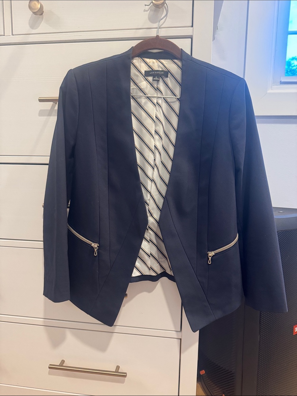 Ann Taylor Navy Open-Front Blazer with Silver Zippers